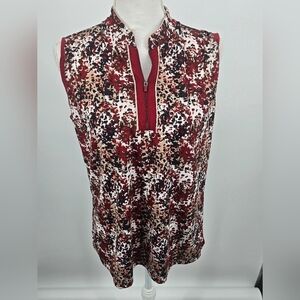 Lady Pin Seeker Red Brown Abstract Print Zip-Front Sleeveless Top Large (6299)